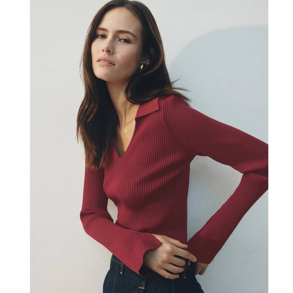 SIMKHAI Collared Ribbed Knit Sweater Polo Top Burgundy V-Neck Long Sleeve Sz XS